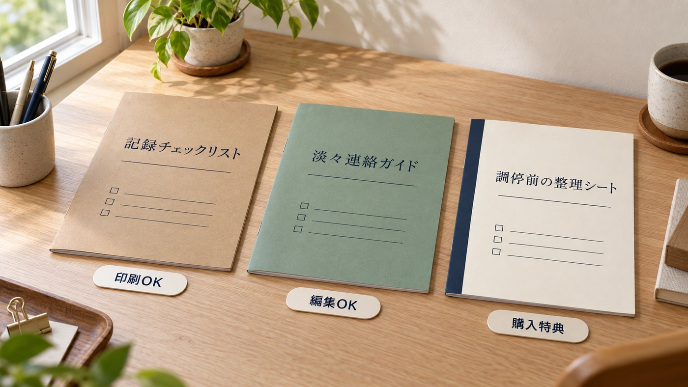 3つの特典：記録チェックリスト、淡々連絡ガイド、調停前の整理シート