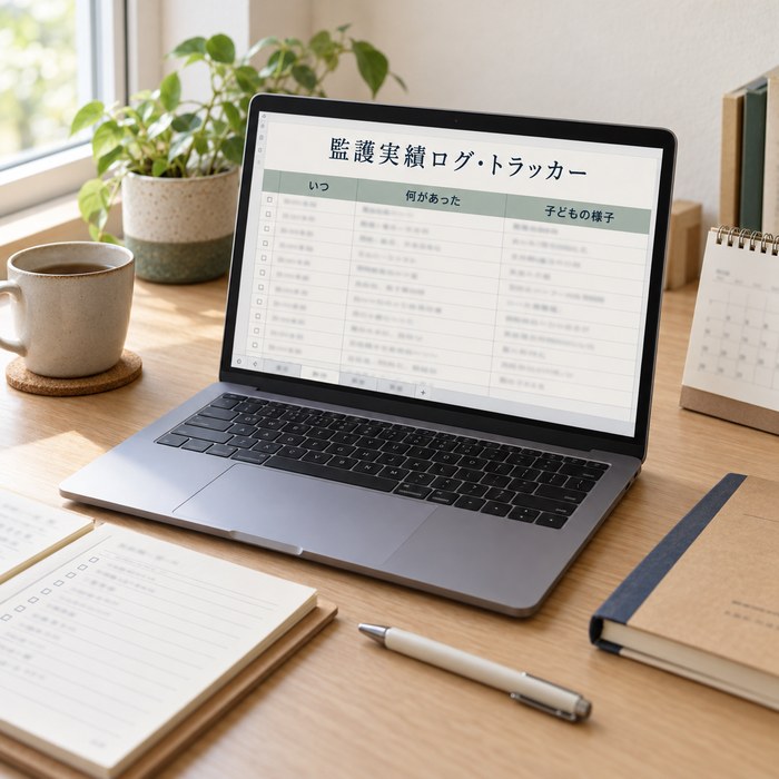 パソコンに表示した監護実績ログ・トラッカー。日付ごとに3列で並ぶ記録
