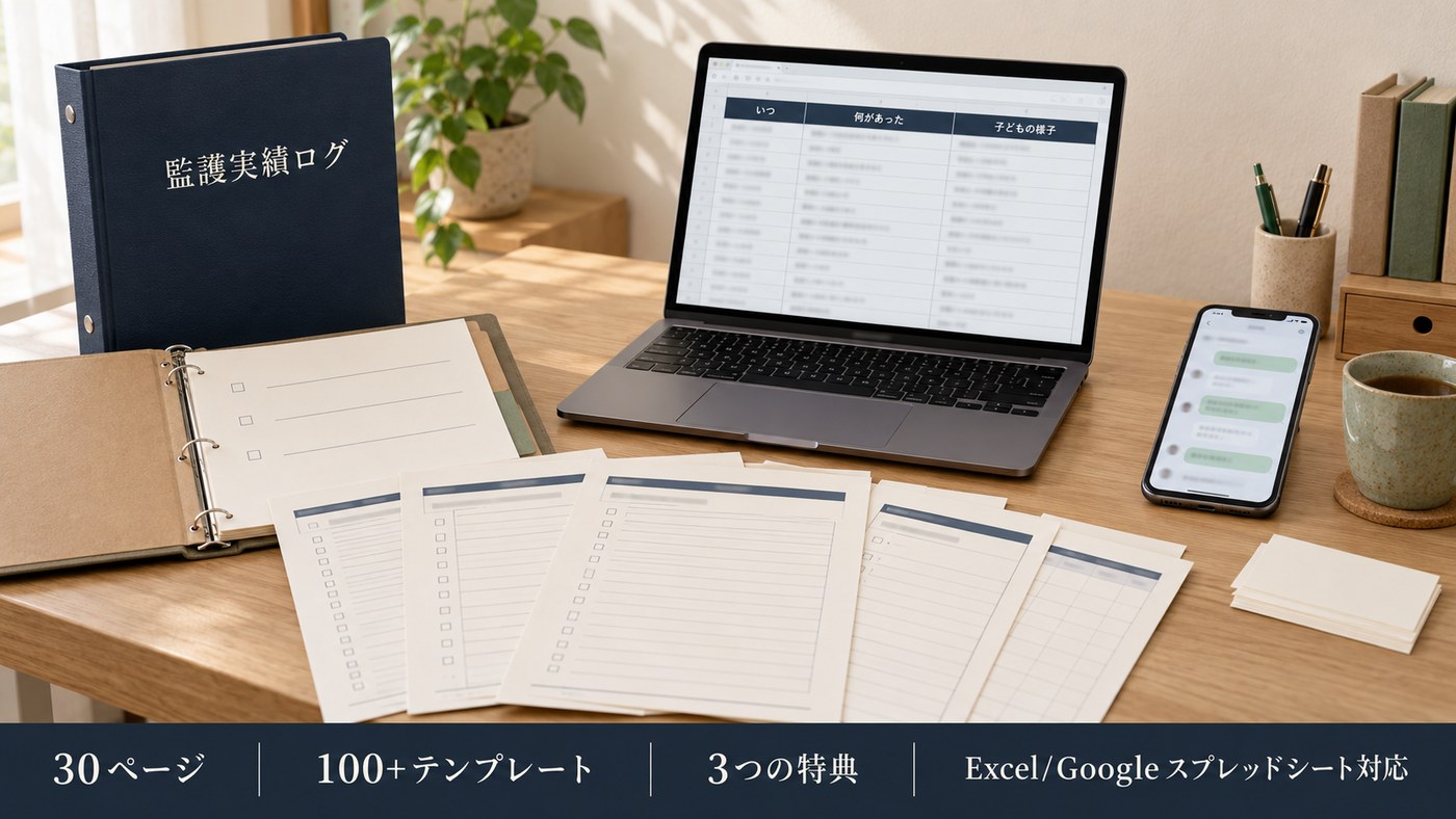 監護実績ログ：記録バインダー、パソコンの記録トラッカー、スマートフォンのメッセージテンプレートを机に並べたところ