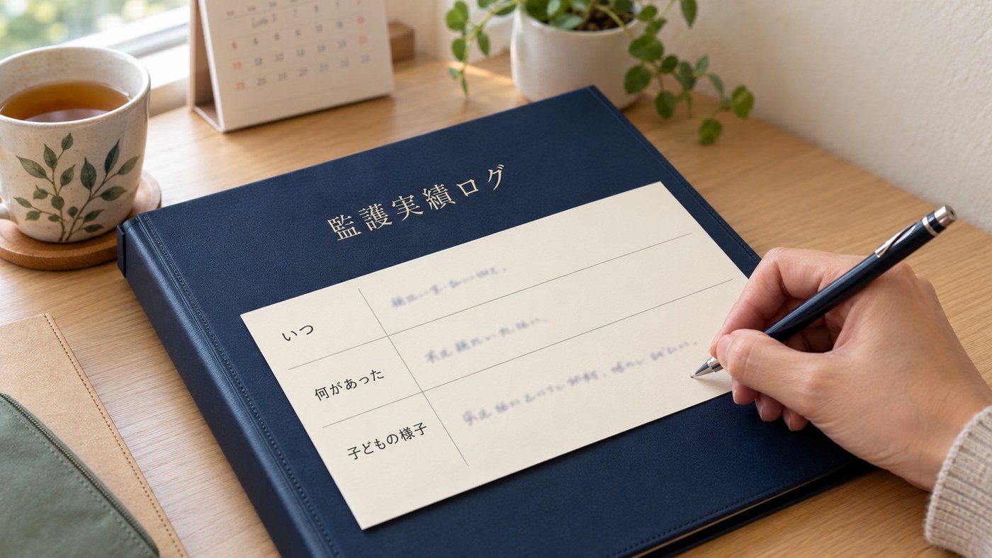 記録バインダーの日次ページ：いつ、何があった、子どもの様子の3行